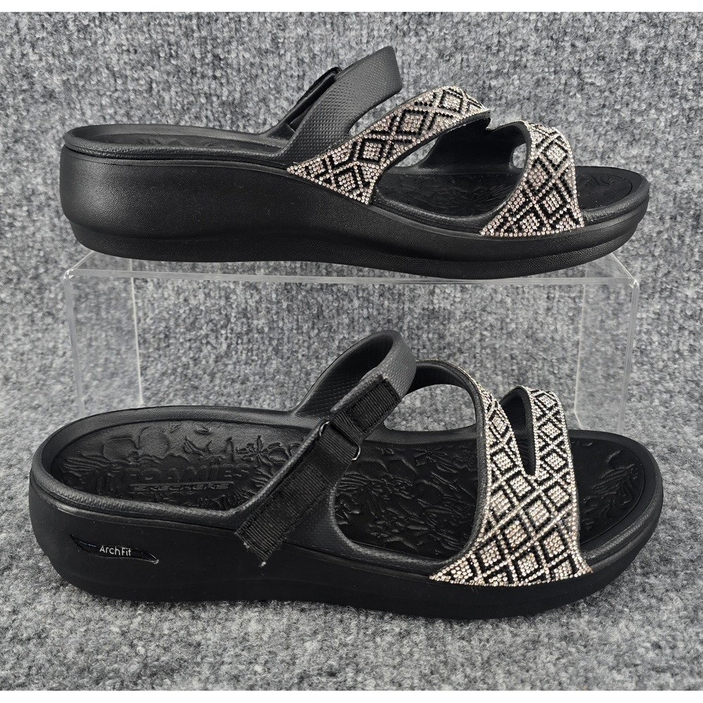 Skechers Foamies Arch Fit Ascend Sandals Womens 10 Black Bling Rhinestone Wedge - Picture 2 of 7
